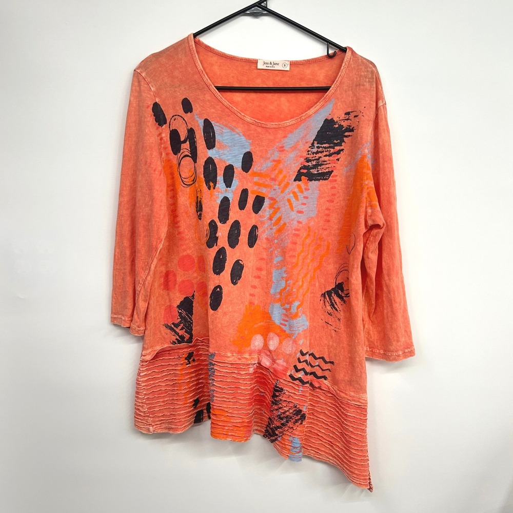 Jess & Jane Abstract Graphic Asymmetric Hem Top Small Lagenlook Art To Wear
